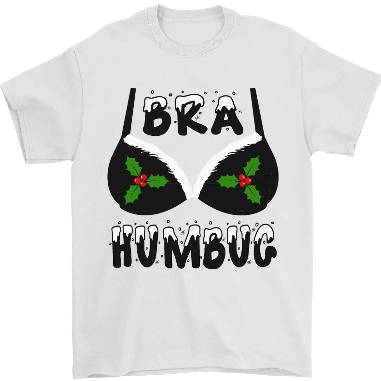 Men's T-shirt Tee Top - Funny Christmas Bra Humbug Holly Design, 100% Cotton