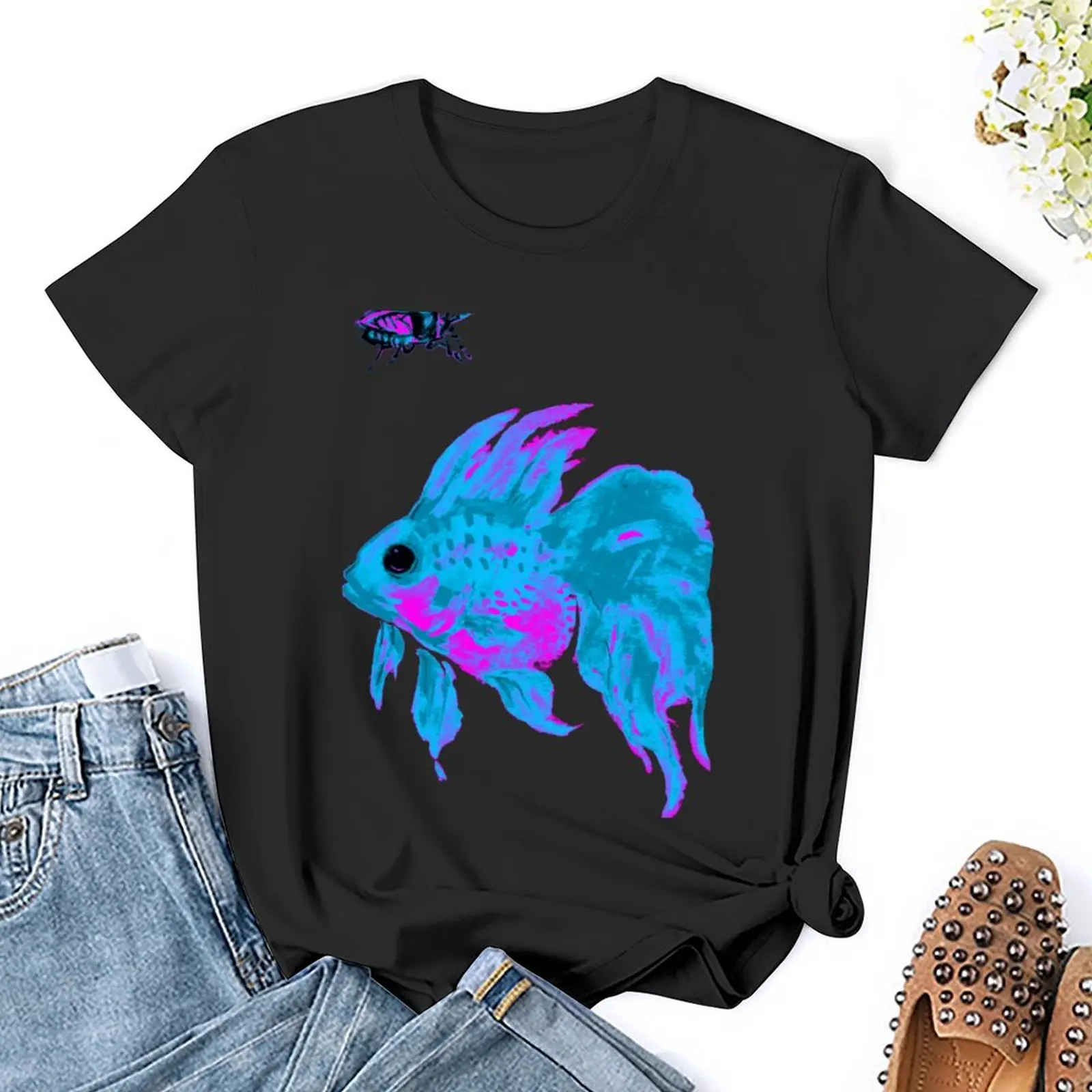 T-shirt poisson rouge et insecte électrique pour femme, vêtements cool, haut d'été surdimensionné, chemise scopique