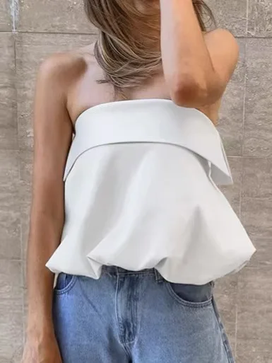 Sexy Strapless Backless Vest Top Fashionable Trendy  Satin Women's Short H-Shape Vest Outerwear Pure Color