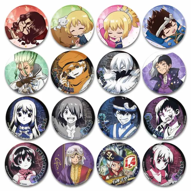 Anime Dr. Stone Senku Gen Chrome Kohaku Cosplay Badge Tinplate Round Brooch Pins for Bag Clothes Accessories Collectible Gifts