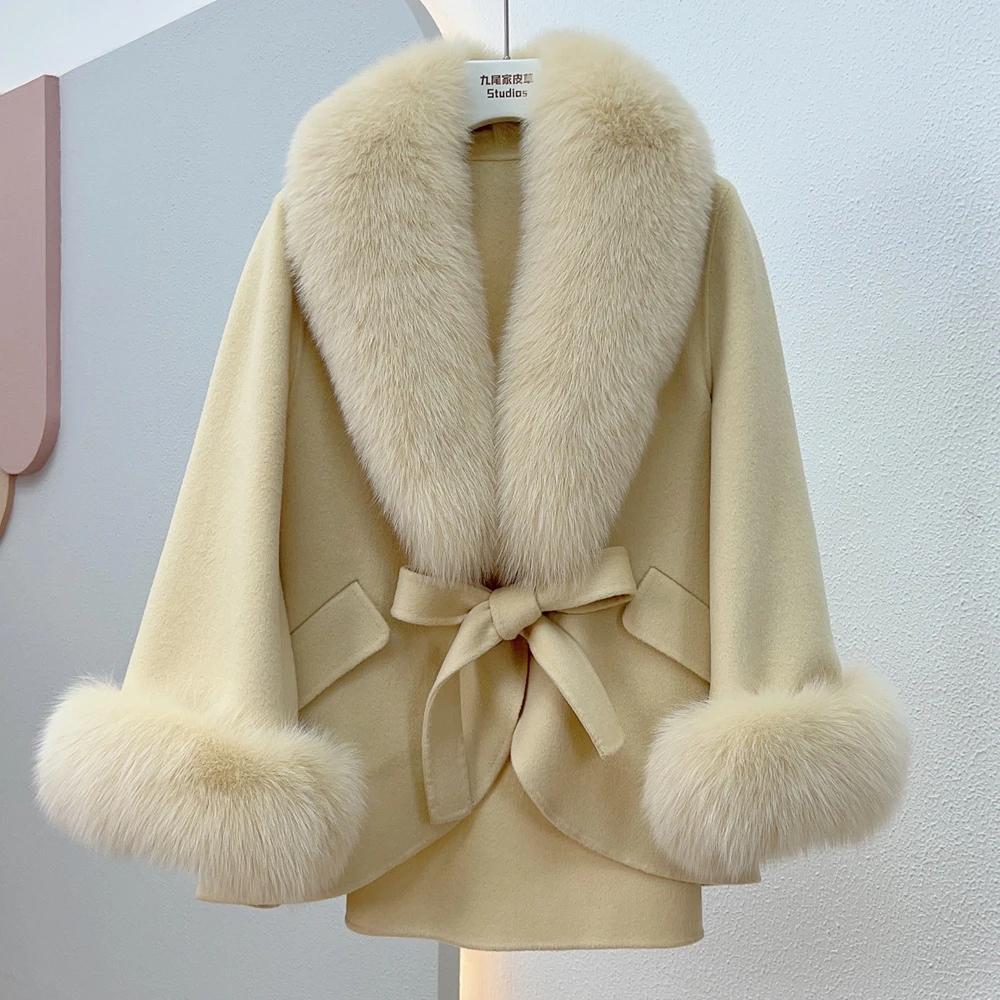 2023 Winter New Mid-Length Slimming Cape Fox Fur Fur Coat Wool Double Sided Cotton Cashmere Coat for Women