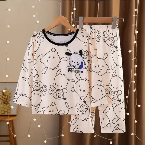 Sanrio Kuromi 마이 멜로디 어린이 잠옷 Kawaii Pochacco Cinnamoroll 퓨어 코튼 긴 소매 잠옷 만화 키즈 홈 슈트 세트