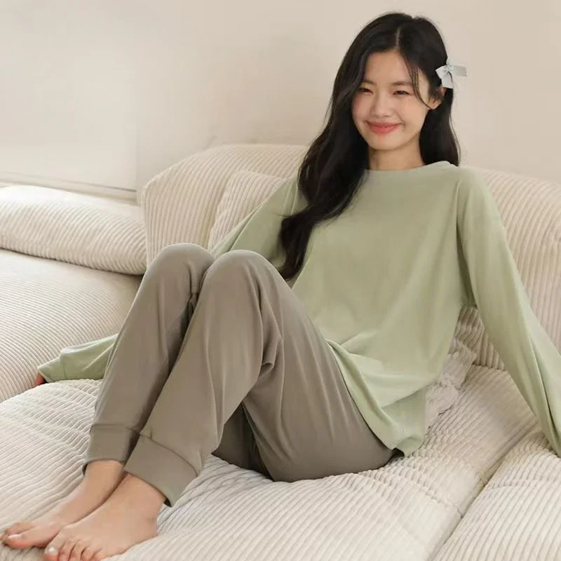 2025 Women Pajamas Spring Autumn Round Neck Contrast Color Homewear Suit Korean Style Female Long-Sleeved Trousers Sleepwear Set