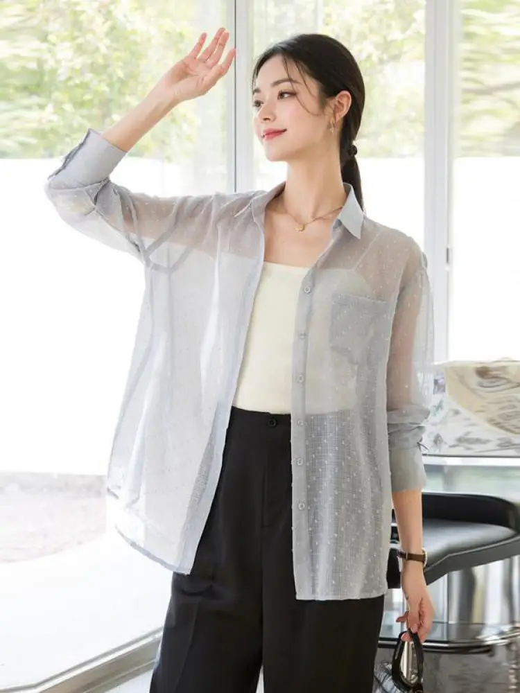 

Spring Summer Blue Dot Versatile Sunscreen Shirt Women Yellow Long Sleeve Ladies Single Breasted Loose Blouse Tops Casual Trendy