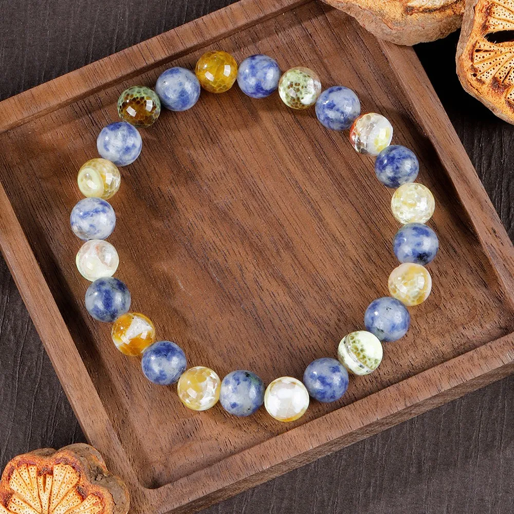 Natural Stone Blue Dot Stone Multi-Stone Bracelet Natural Crystal Single Strand Elastic Beaded Bracelet Couple Gift Jewelry