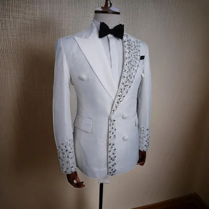 Luxury Wedding Men Suit Jacket Double Breasted Tuxedo Blazer Fashion Design Crystal Beads White Floral Blazer 1 Piece
