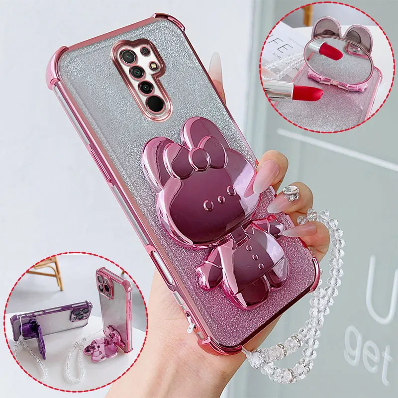 Luxury Shockproof Phone Case with Cute Rabbit Makeup Swivel Stand Crystal Lanyard For Xiaomi Redmi 9 Prime Poco M2 Back Cover