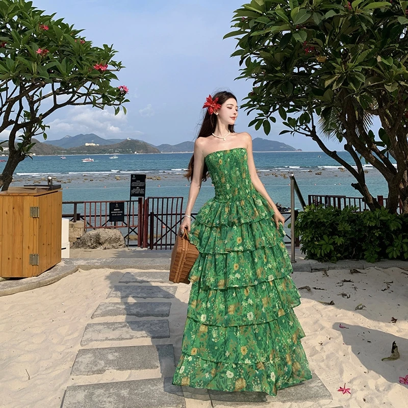 2025 verão feminino praia maxi vestido sexy bustier cintura gravata babado hem em camadas impressão vestido de férias y2k streetwear