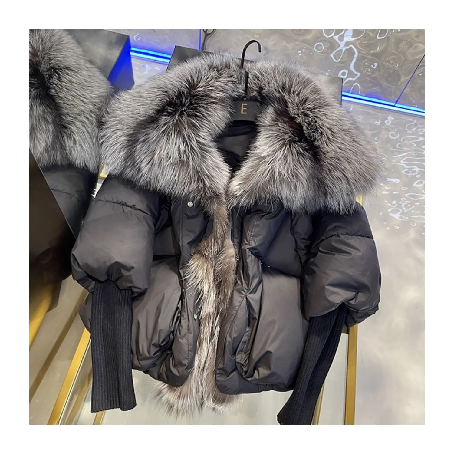 MPPM Winter Women Coat White Goose Down Jacket Super Large Real Silver Fox Fur Collar With Knit Sleeve Fashion Outerwear