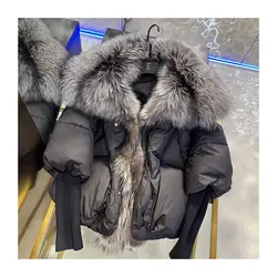 MPPM Winter Women Coat White Goose Down Jacket Super Large Real Silver Fox Fur Collar With Knit Sleeve Fashion Outerwear