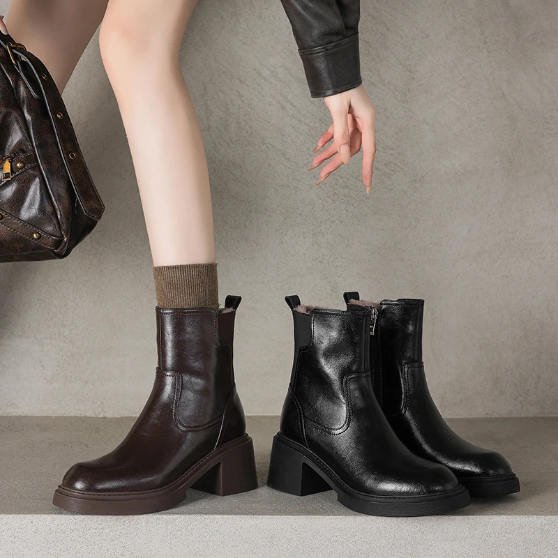 2026 new autumn winter women ankle boots natural leather plus size 22-25cm split leather+wool thick heel side zip short boots