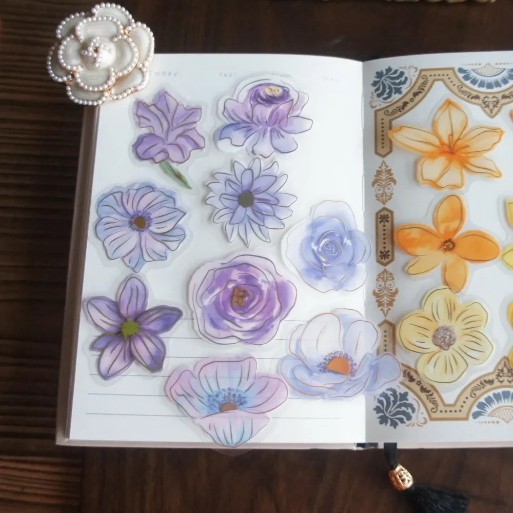 

28pcs Golden Border Flower Yellow Pink Blue Red Style PVC Sticker Scrapbooking DIY Gift Packing Label Decoration Tag