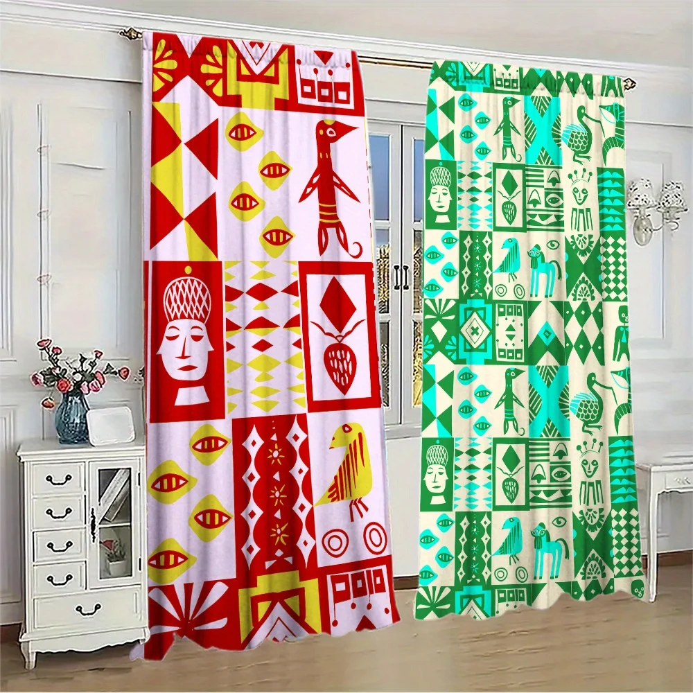 Boho Tribal Print Curtains, Red Green Geometric Totem Pattern Drapes, Ethnic Style Window Treatment for Living Room, Blackout
