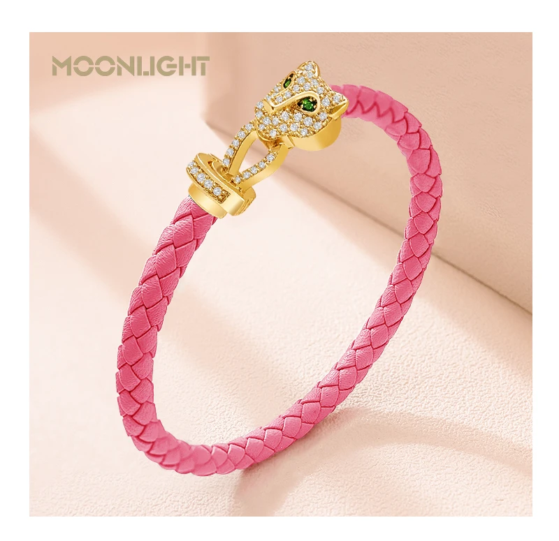 MOONLIGHT Classic Design Exquisite Cheetah Zircon Bracelet for Women Braided Leather Bracelet Quality Banquet Couples Gift