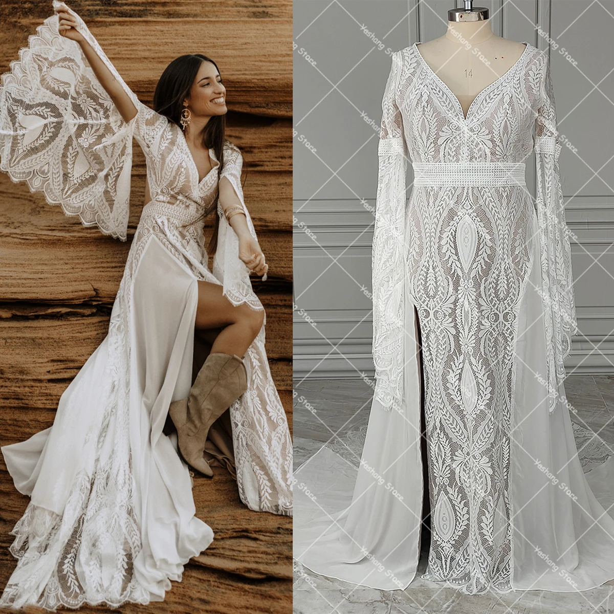 Long Split Bell Sleeves Boho Bridal Gowns V Neck Front Leg Slit Cutout Backless A Line Chiffon Lace Customized Wedding Dress