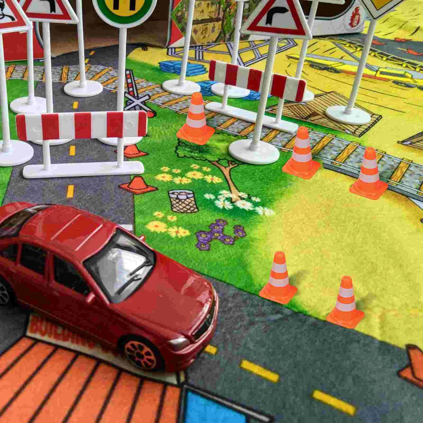 7 Pcs Traffic Cones Simulation Road Sign Toys Mini Roadblock Educational Playset for Kids Non Remote Control Model Vehicle