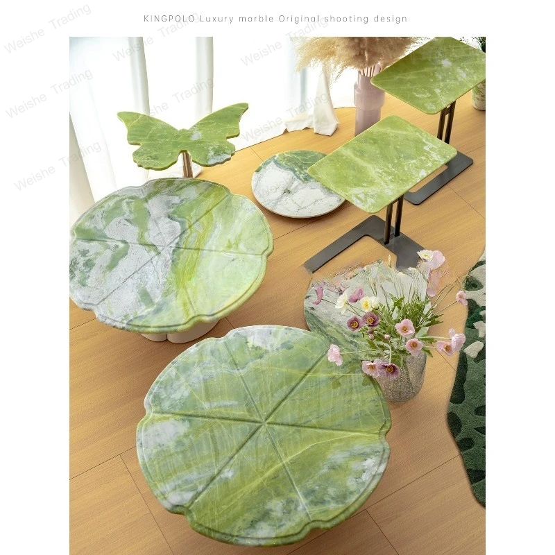 Luxury stone glacier green lotus leaf coffee table natural marble master design sense tall and short combination coffee