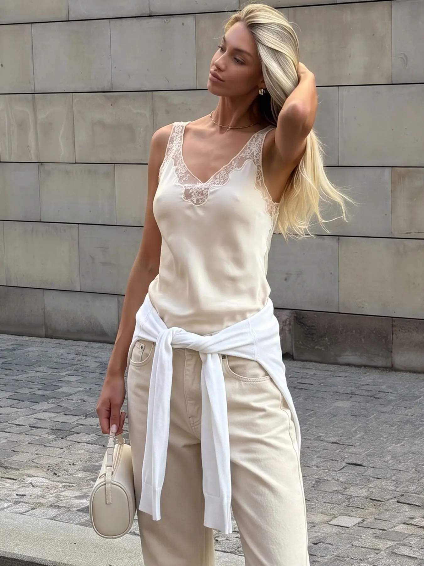 HH Damen Elegantes Einfarbiges Spitzen-Patchwork-Top V-Ausschnitt Ärmellos mit Trägern Sexy Rückenfreies Camisole-Oberteil Sommer High-Street-Chic Tanktop