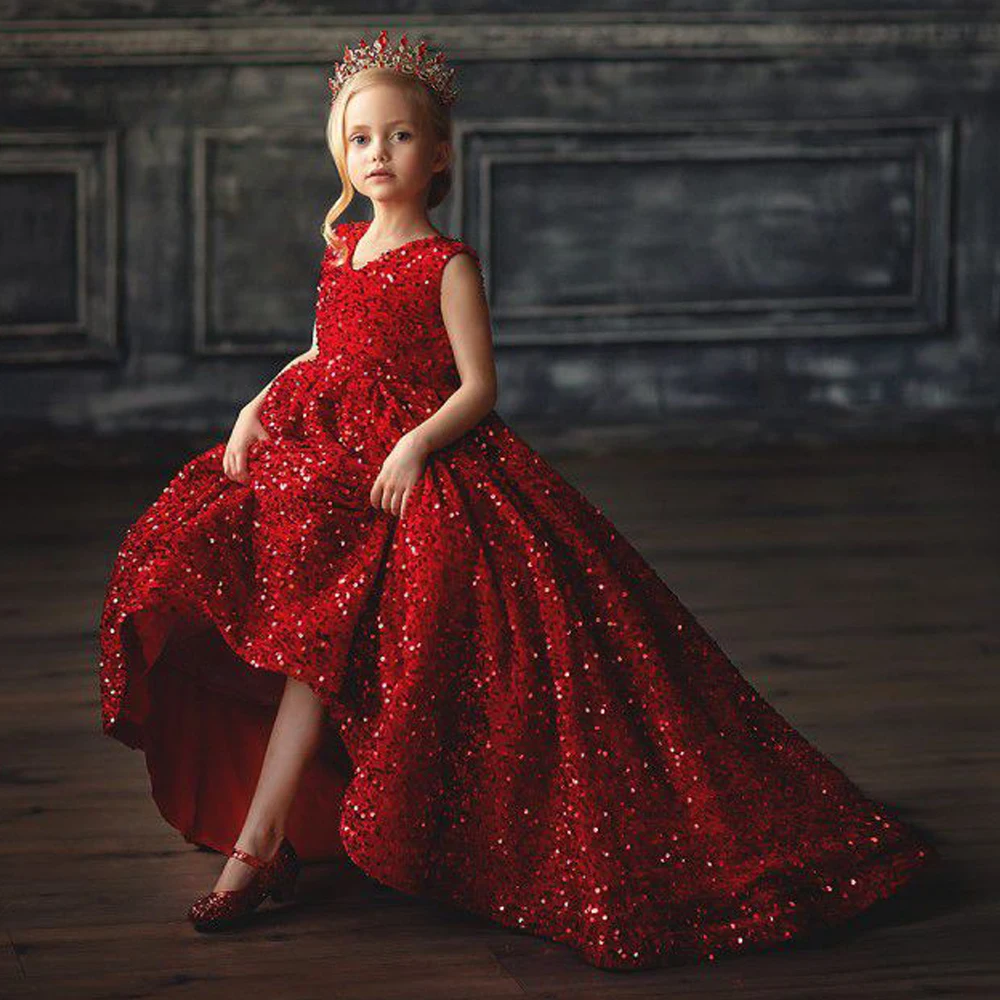 Red Ball Gown Flower Girl Dress Customized O Neck Sleeveless Glitter Sequin Long  Birthday  Kids Graduation Party Dresses