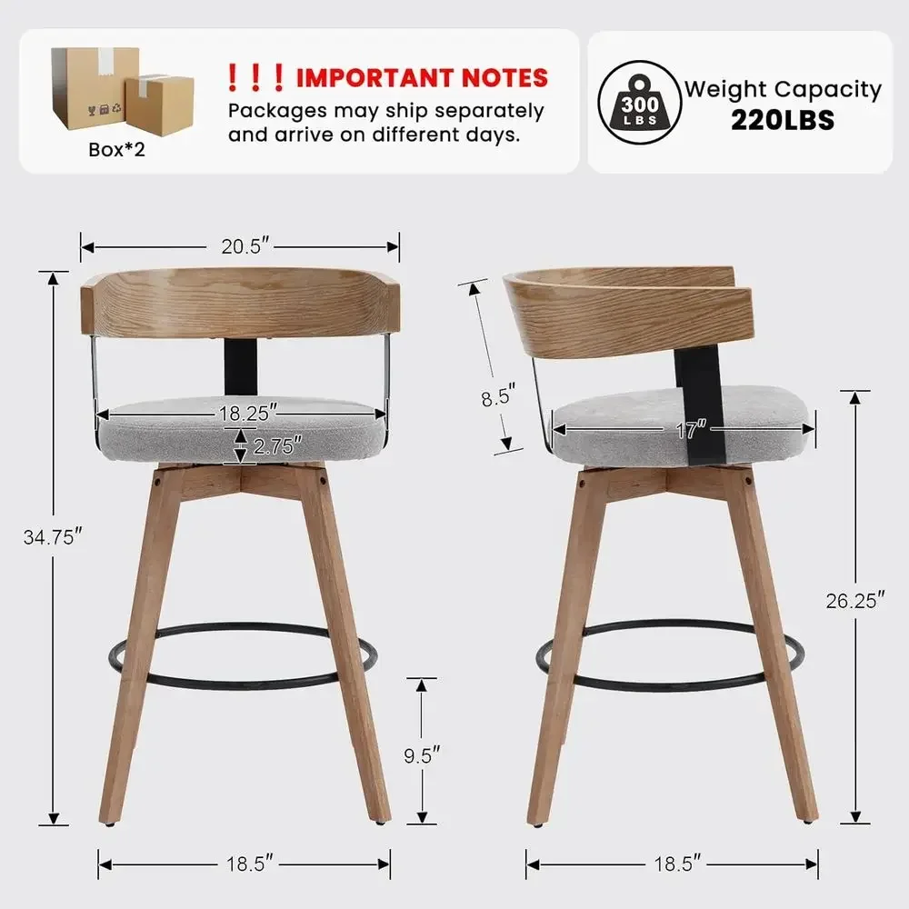 Set of 2, 26 Grey Linen-Upholstered Counter Height Bar Stools with Wooden Backrests for Kitchen Island or Home Bar - view 3