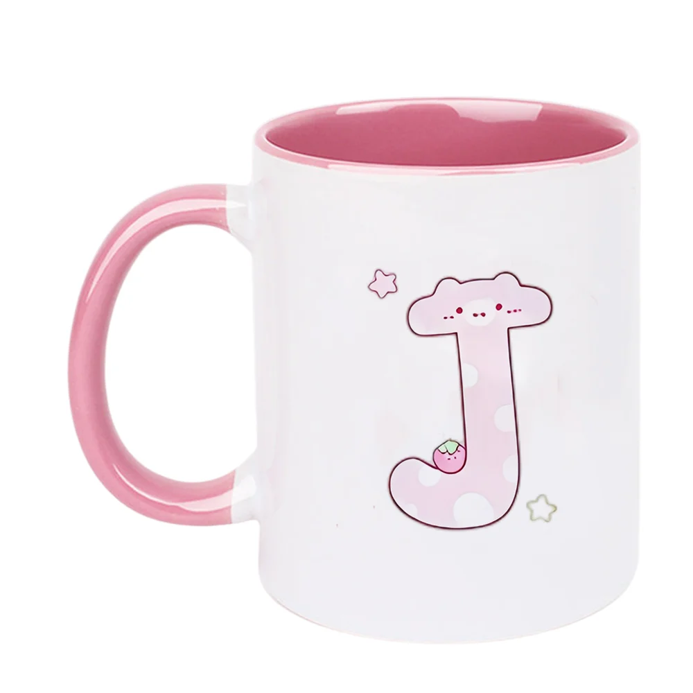 11oz Pink Cloud J Letter Ceramic Coffee Mug with Polka Dots Star Fruit Pattern for Valentine's Day Birthday Home Use Holiday Pre