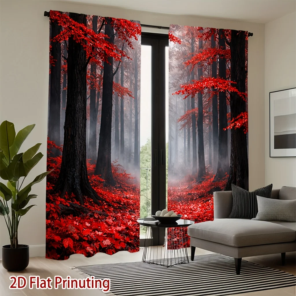 2pcs Red Misty Forest Autumn Curtains Blackout Drapes for Living Room Modern Home Decor Fall Foliage Scenery Window Panels