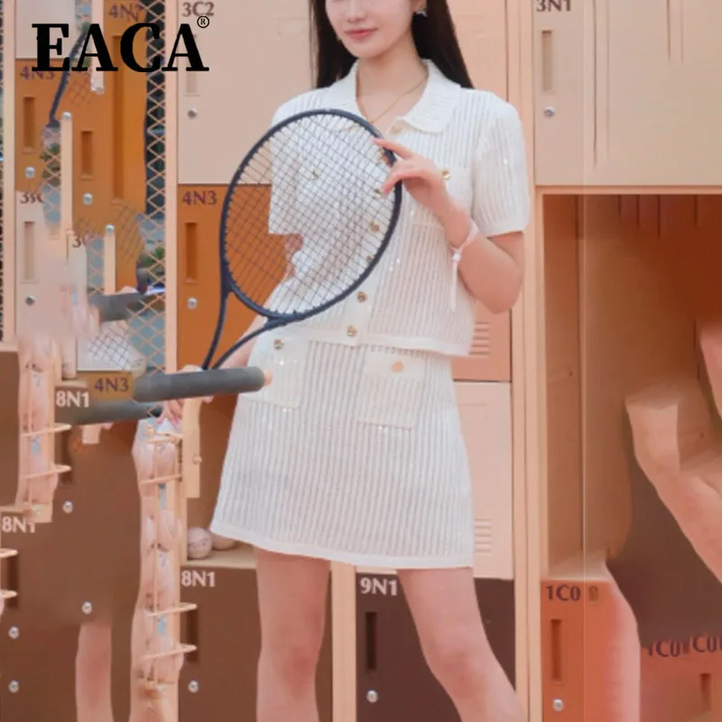 

EACA 2025 Spring Youthful White Textured Sequins Lapel Collar Short Sleeve Two Piece Set Age-Defying Casual Elegant Lightweight