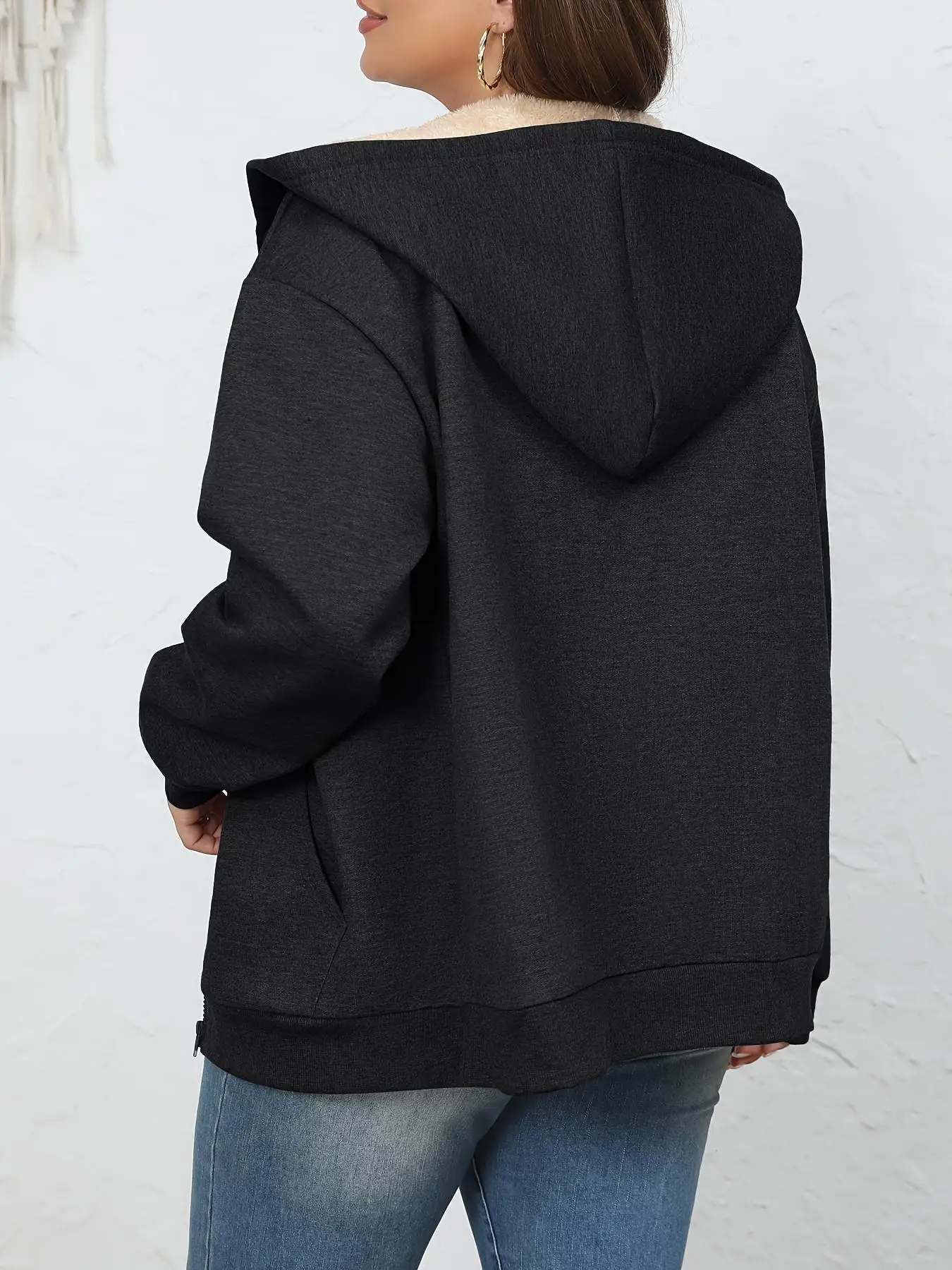 Women's Thickened Loose Casual Fleece-Lined Zip-Up Hooded Sweatshirt with Fur Lining for Winter Warmth