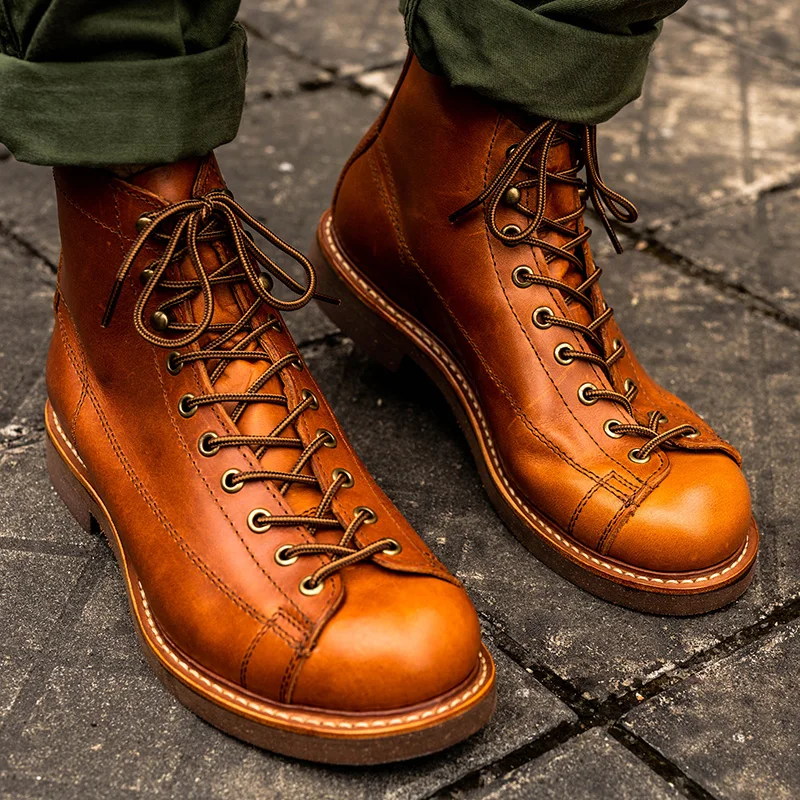 Vintage Genuine Leather Men Shoes Work Welted Dress Men Ankle Boots Motorcycle Boots Men