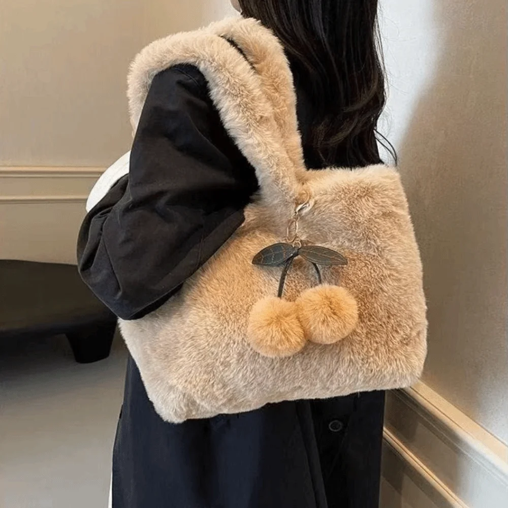Cute Tote Bag Soft Cherry Ornament Furry Handbag Large Capacity Cherry Shoulder Bag Daily