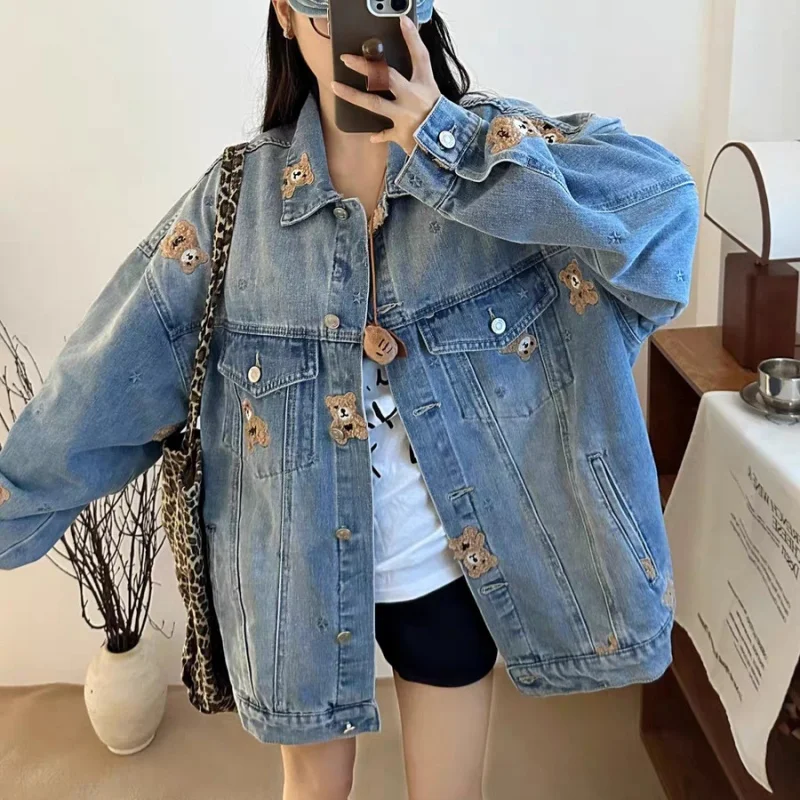 Spring Vintage Bear Embroidery Denim Jacket For Women New Style Loose Casual Clothing