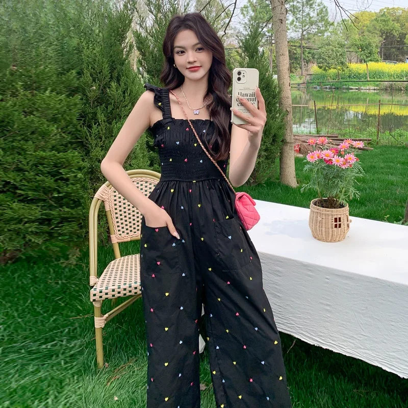 

Милый нежный комбинезон с широкими штанинами, летний уникальный дизайн, костюм Flng Sve с вышивкой в форме сердца для женщин, для поездок на работу Sle