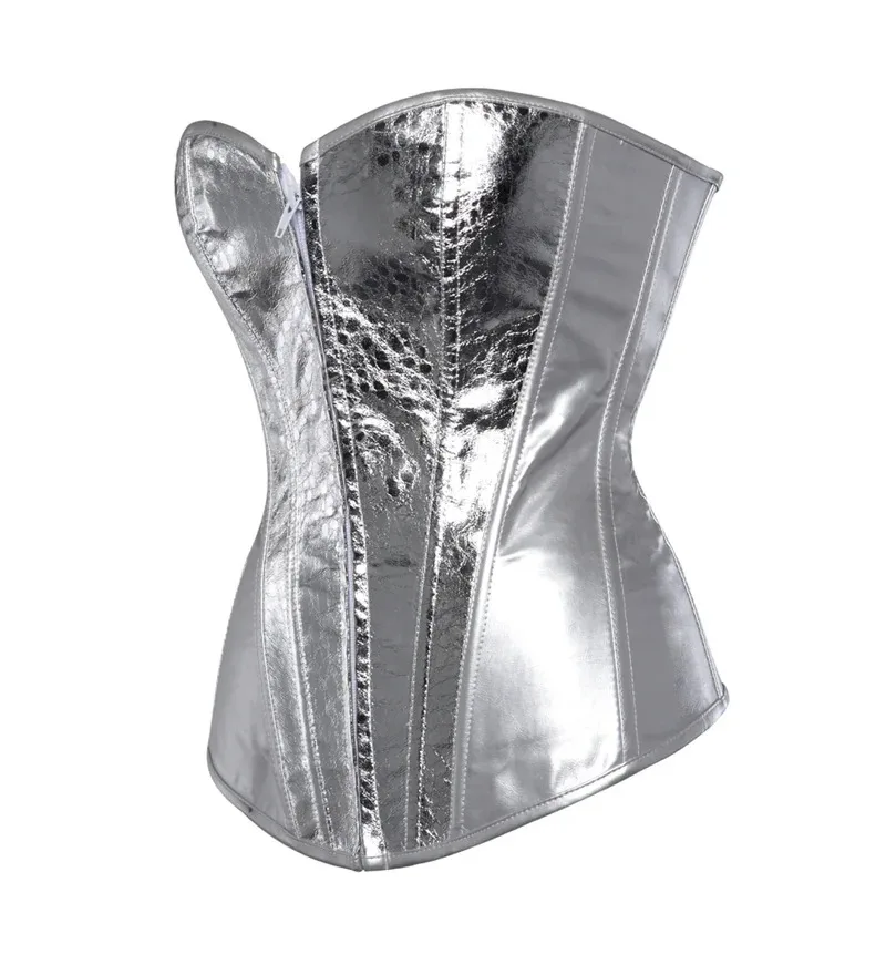 Women Silver Gold Vintage Style Overbust Corset Gothic Leather Steampunk Zip Nightclub Bustier Corselet Top Burlesque Lingerie image 2