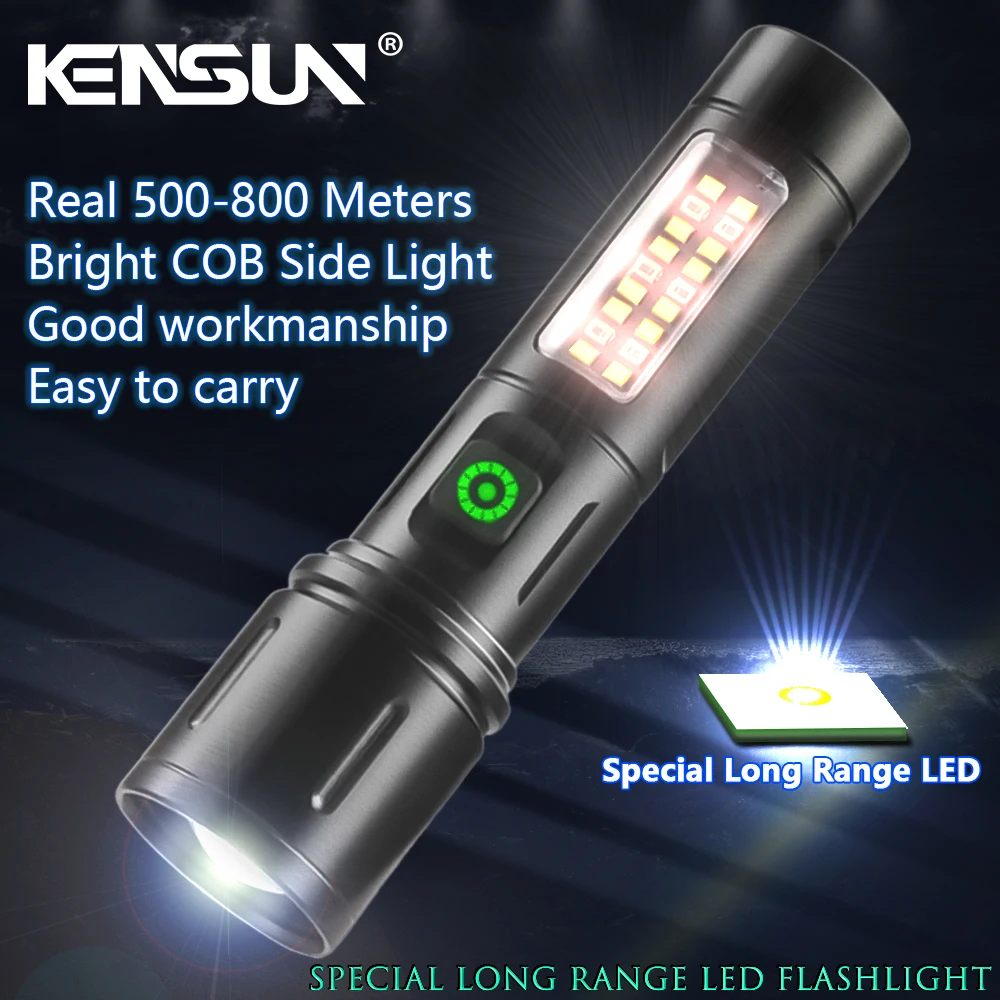 High Power Spotlight Long LED Flashlight Side COBAluminum Alloy Type-C 7 Modes Zoomable Ultra Bright Torch Emergency Lighting