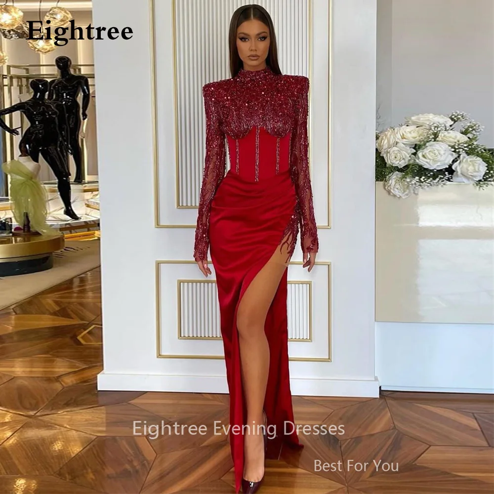 

Eightree Chic Red Mermaid Party Dresses Modern Lady High Neck Sparkly Sequined Evening Prom Gowns Long Sleeves Sexy Event Dress