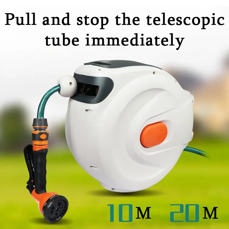 10/20m Automatic Rewind Hose Reel with 7 Pattern Hose Nozzle Water Hose Reel Slow Return System for Car Garden