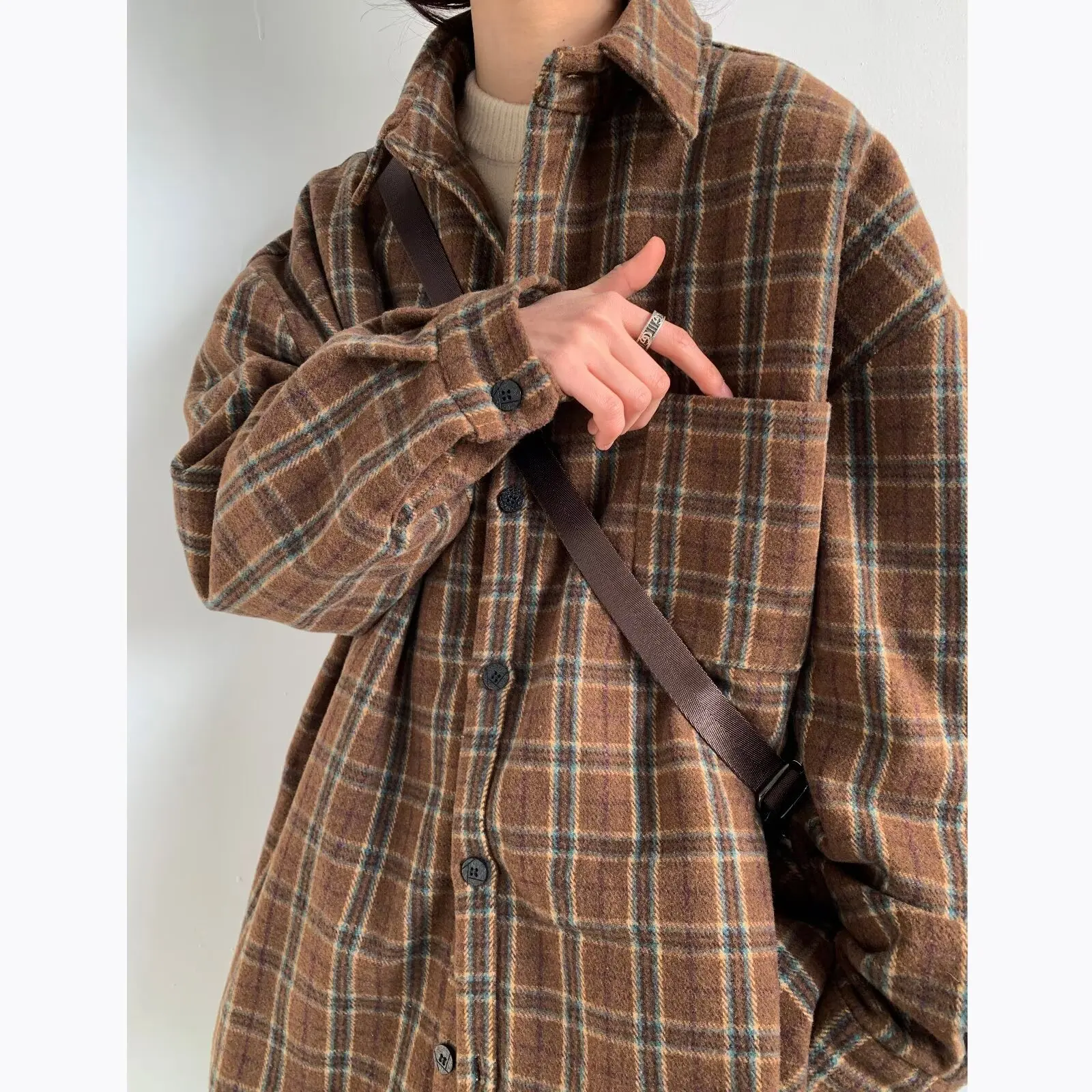 Retro Japanese Style Men's Plaid Woolen Shirt Casual Versatile Autumn Spring College Style Elegant Outerwear Coat