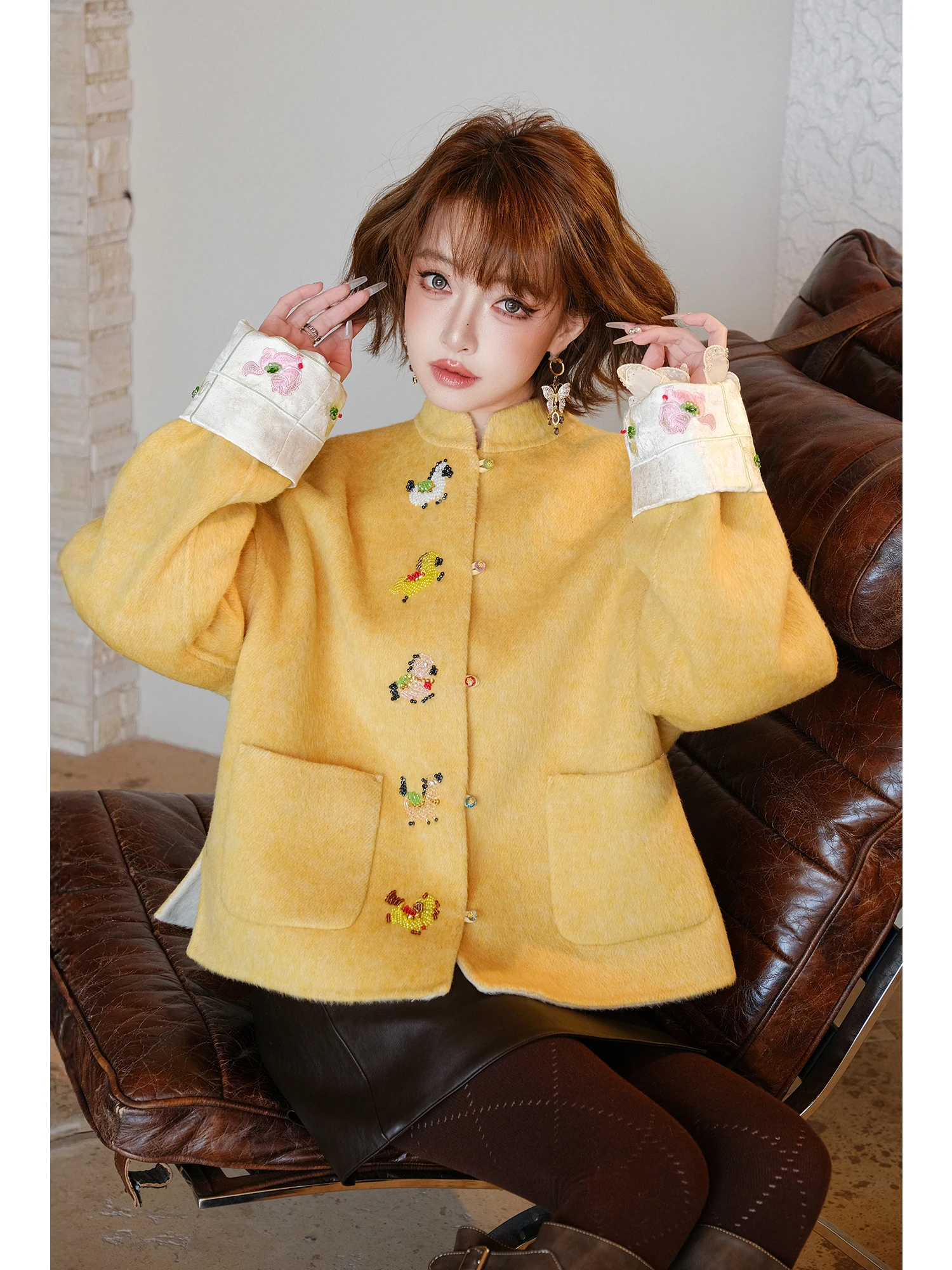 

MIUCO Chinese Style Double-Faced Woolen Short Coat Yellow Color Women's Outerwear Fashionable Elegant Stand Collar Jacket