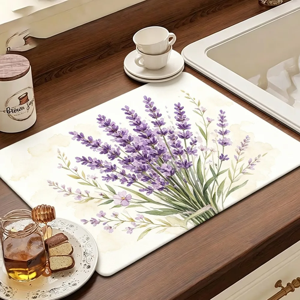 Purple Lavender Flower Print Kitchen Mat Super Absorbent Dish Drying Pad Quick Dry Bathroom Drain Pad Kitchen Faucet Placemat