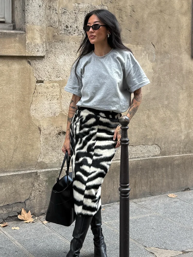 Vintage Zebra Print Front Zipper Midi Skirt Women Chic Fuzzy A Line High Waist Flared Skirts 2026 Autumn Winter Party Streetwear