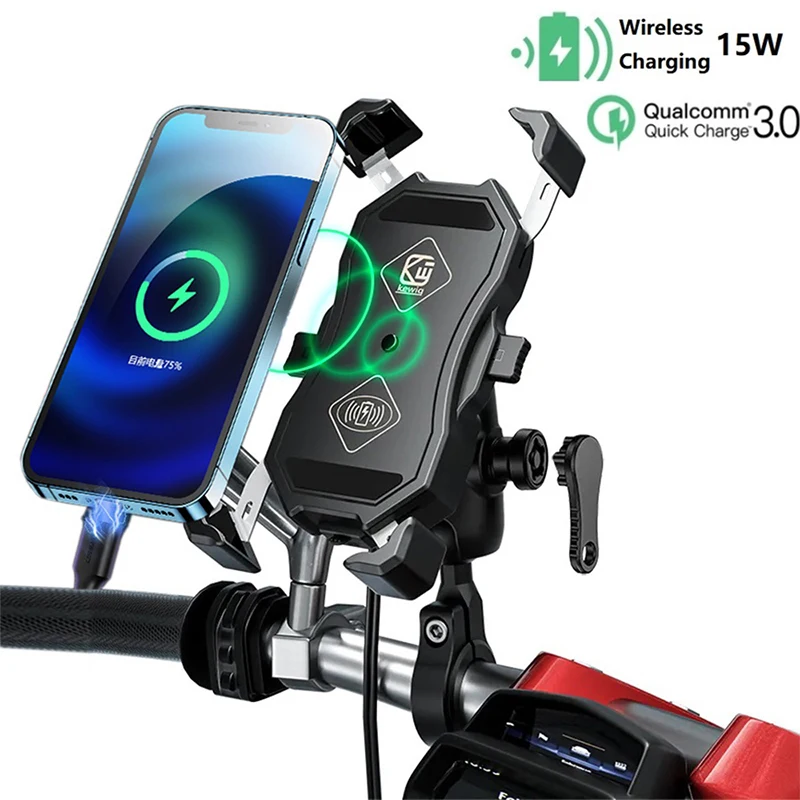 

Auto Clamping Waterproof Motorcycle Phone Holder 15W Qi Wireless Charger Stand QC3.0 USB 9CM Stem 1" Ball Mount Quick Release