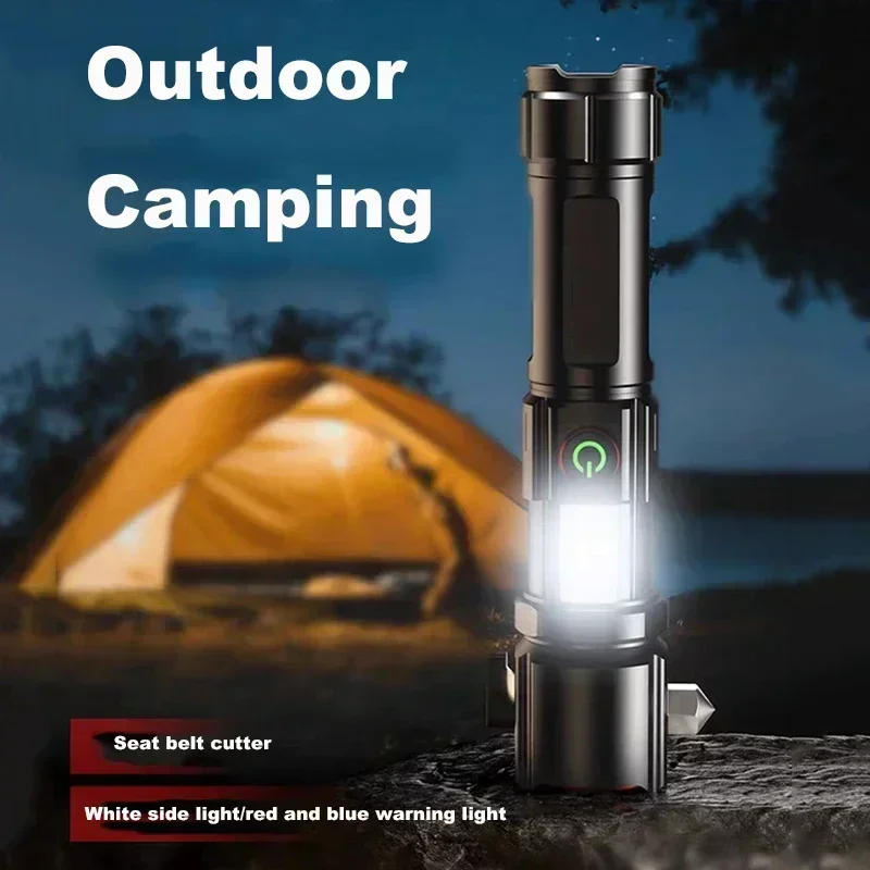 Potente linterna LED impermeable con zoom, linterna de Camping, recargable por USB