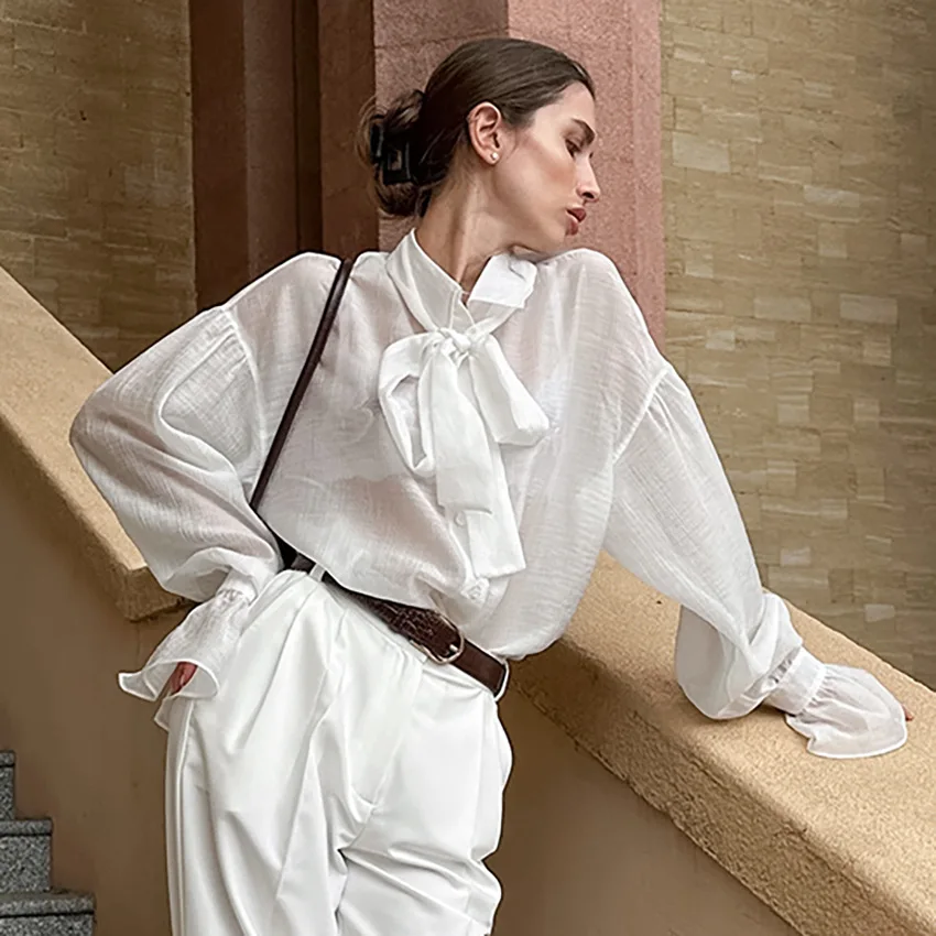Women's Tencel Lace-up Shirt Fashion Loose Lapel Solid Color Long Sleeve See-through Shirt Elegant Single Breasted Shirt Top