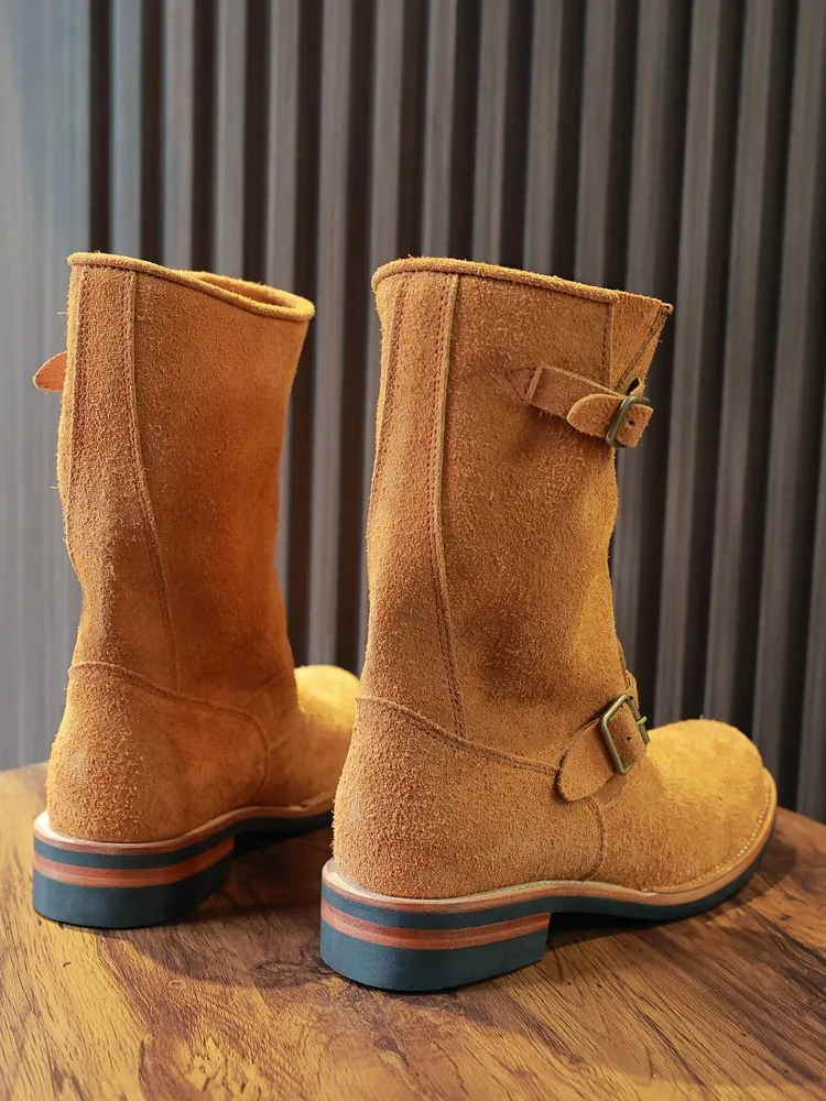 Retro Fashion Male Buckle Strap Genuine Leather Ankle Boots Handmade Solid Color Cowhide Round Toe Men High Top Footwear