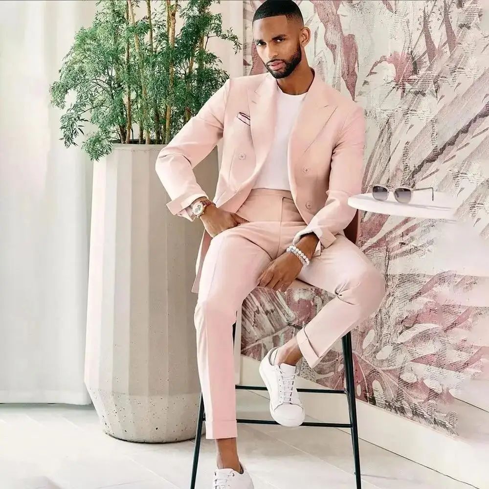 Pink Slim Men Suit 2 Pieces (Jacket+Pants) Fashion Gentleman High Quality Peak Lapel Double Breasted Blazer Set