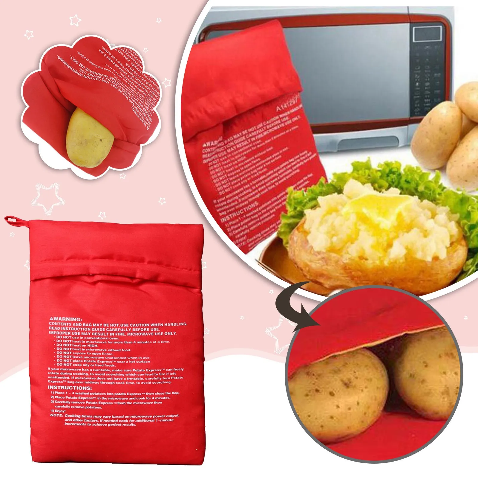 

Red Washable Cooker Bag Washable Roast Bag Microwave Cooking Potato Quick Fast Baked Potatoes Pocket Easy To Cook Kitchen Gadget