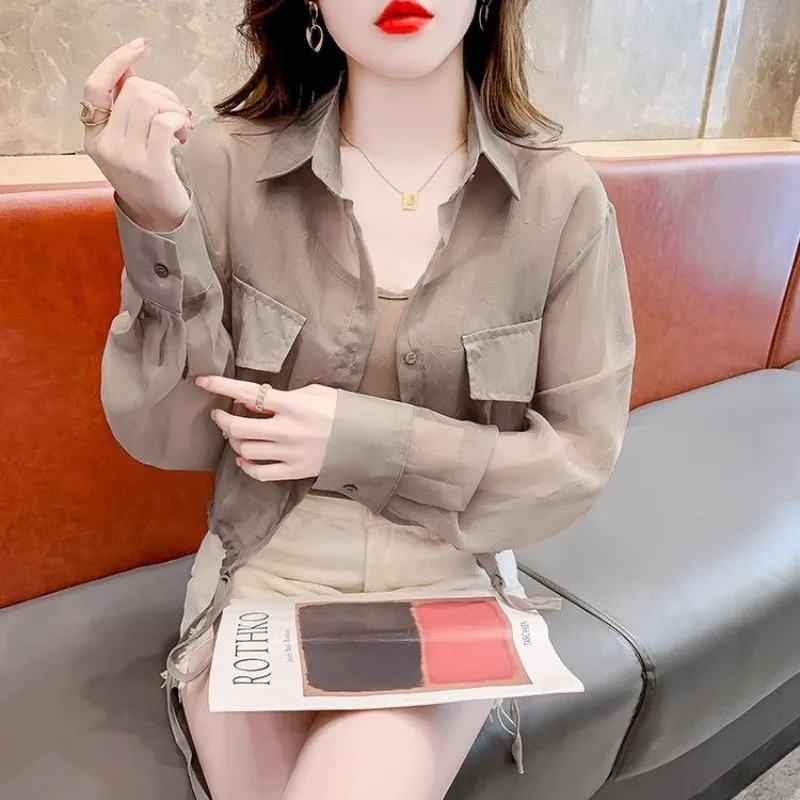 Summer New Korean Commuter Drawstring Sheer Short Solid Color Sunscreen Chiffon Blouse Polo Neck Long Sleeve Button Women Shirts