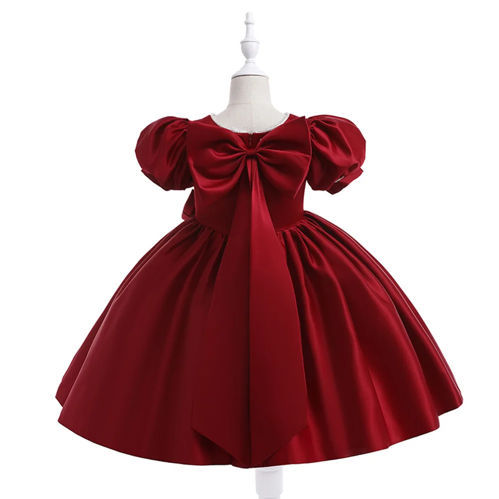 Fashion Red Party Girls Dresses for Kids Puff Sleeve Wedding Baptism Princess 5st Birthday Dress Girl Bridemaid Summer Clothes