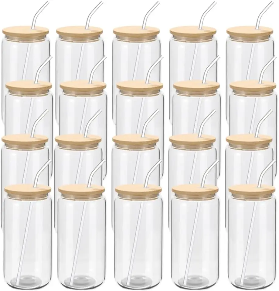 

Набор из 20 стеклянных стаканов с бамбуковыми крышками и трубочками, 16 унций, в форме банки, для напитков, многоразовые, прозрачные