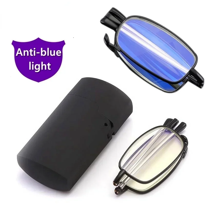 Retractable Folding reading glasses men's anti-blue light metal frame Foldable Readers Presbyopia Glasses lighter case  +1.5